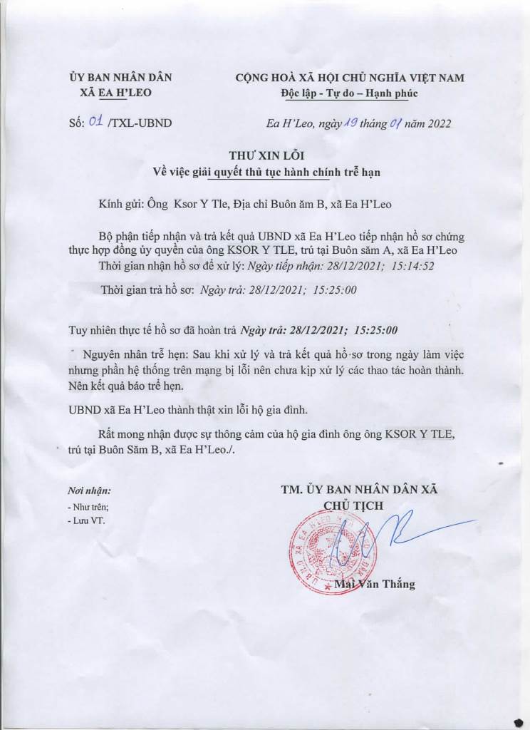 Thư xin lỗi về việc giải quyết thủ tục hành chính trễ hạn của ông Ksơr Y Tle - Buôn Săm A, xã Ea H'leo
